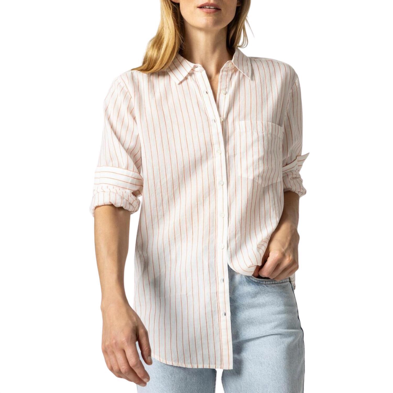 New Lilla P Women's Boyfriend Button-Down In Tangerine Stripe